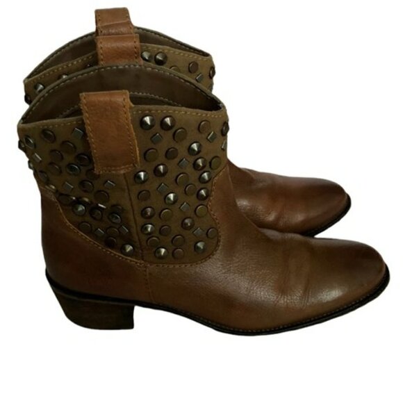 Zara Brown Leather Studded Bootie 38 - Picture 1 of 4